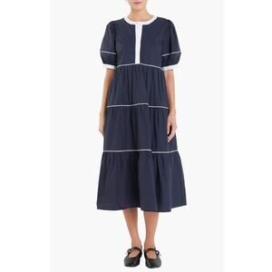English Factory Contrast Trim Midi Dress Navy White Cotton Size 1X NWOT Tiered